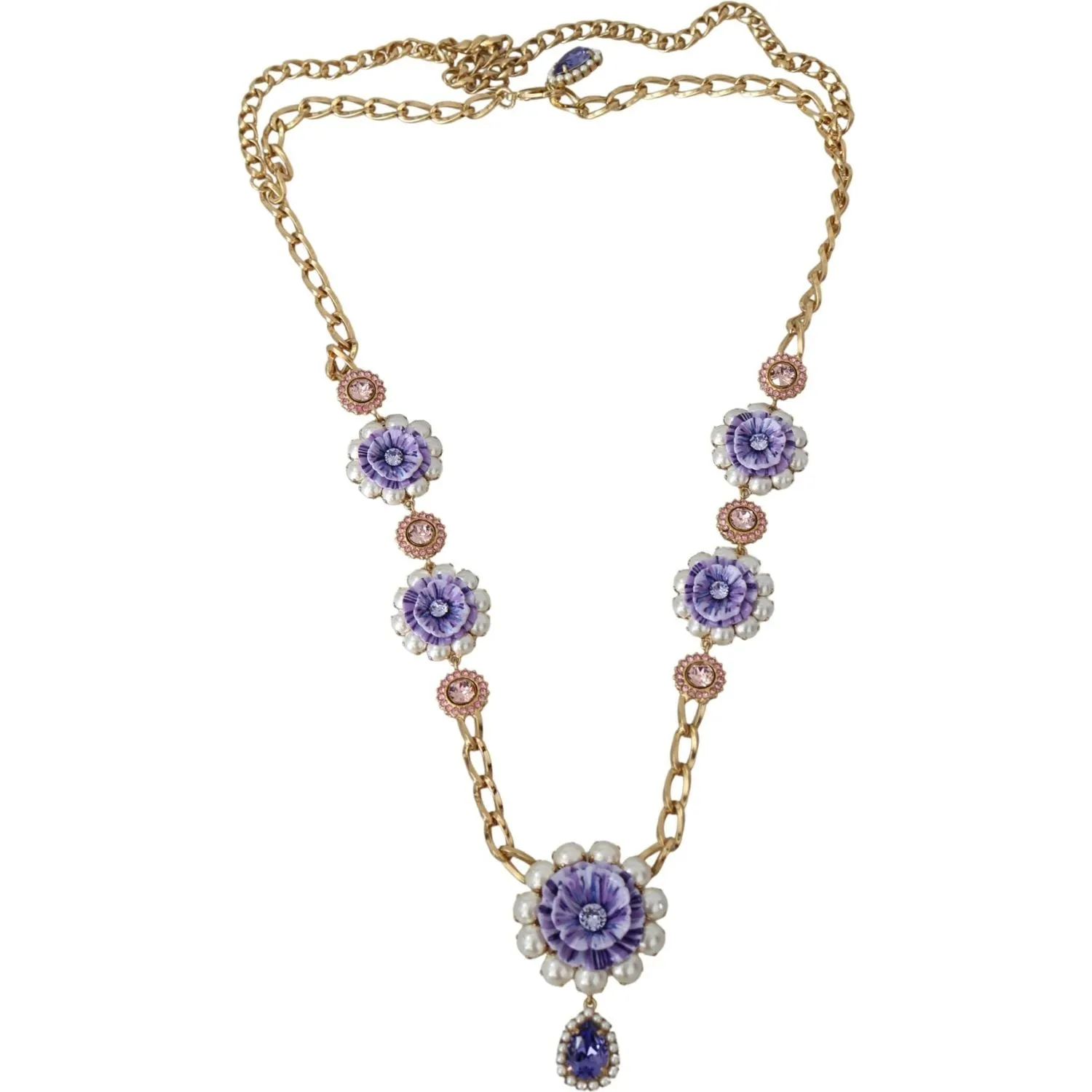 Dolce & Gabbana Elegant Gold-Tone Charm Necklace with Floral Motif