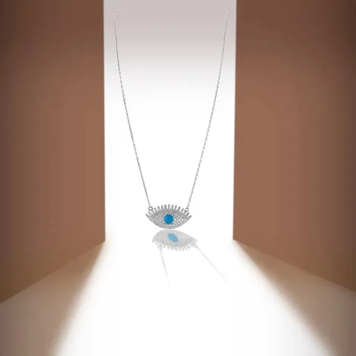 Evil Eye Motif CZ Silver Chain Locket