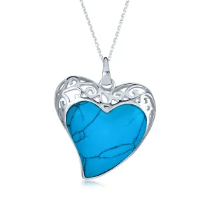 Filigree Inlaid Turquoise Heart Pendant Necklace .925 Sterling Silver