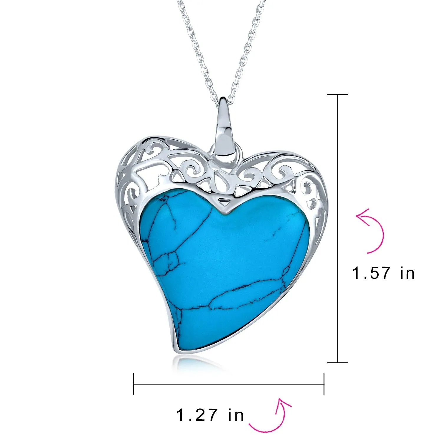 Filigree Inlaid Turquoise Heart Pendant Necklace .925 Sterling Silver