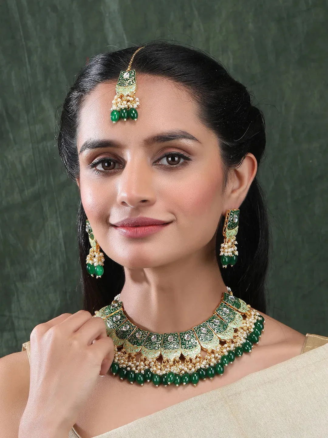 Gracious Green Kundan Meenakari Droplet Necklace Set