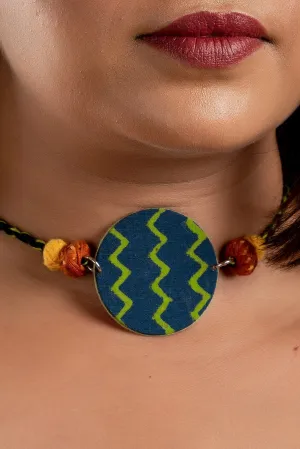 Handmade Fabric Choker Necklace in Green Blue Zigzag Design with Thread Balls and Adjustable Dori for Women