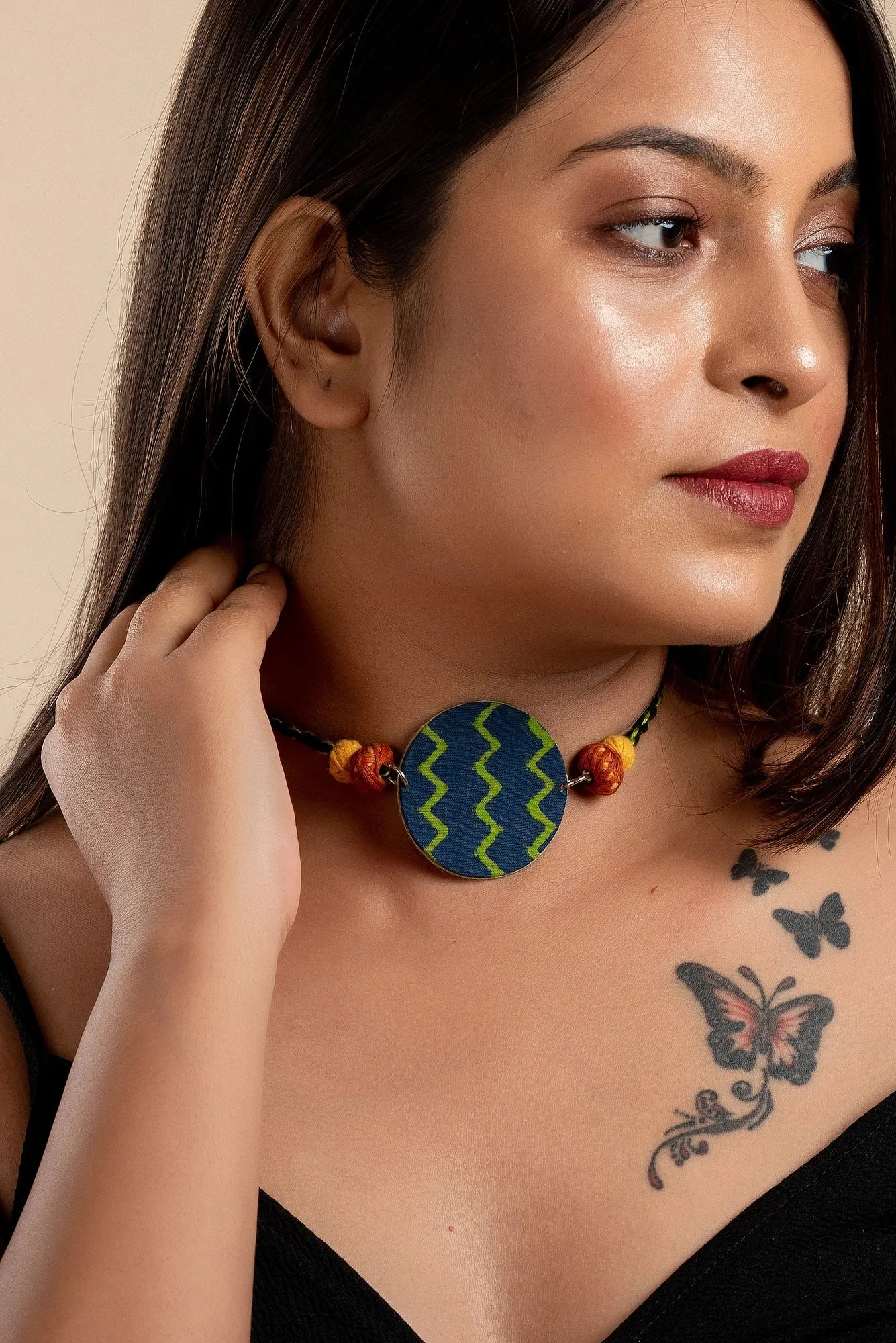 Handmade Fabric Choker Necklace in Green Blue Zigzag Design with Thread Balls and Adjustable Dori for Women