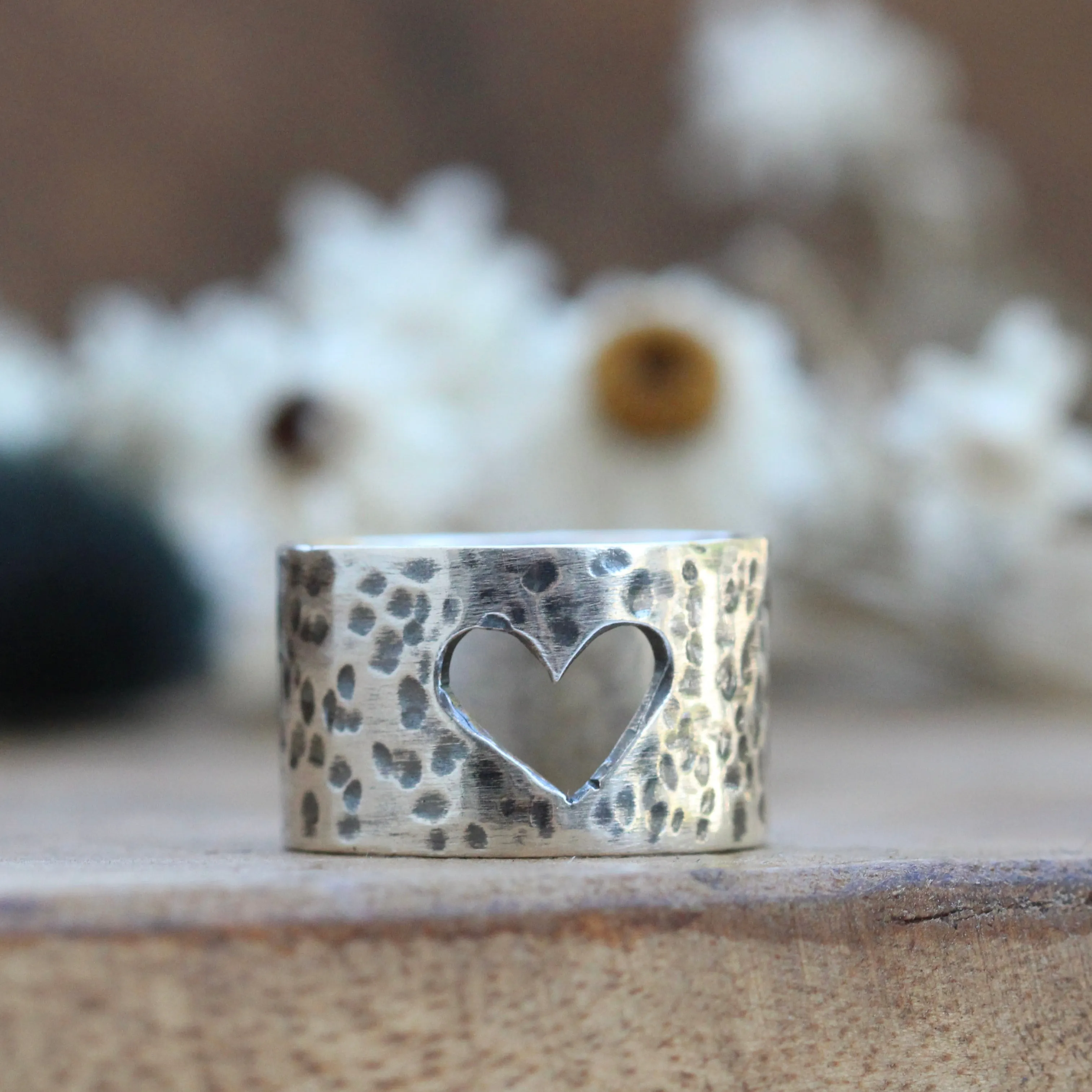 Heart Cut out sterling silver wide band ring