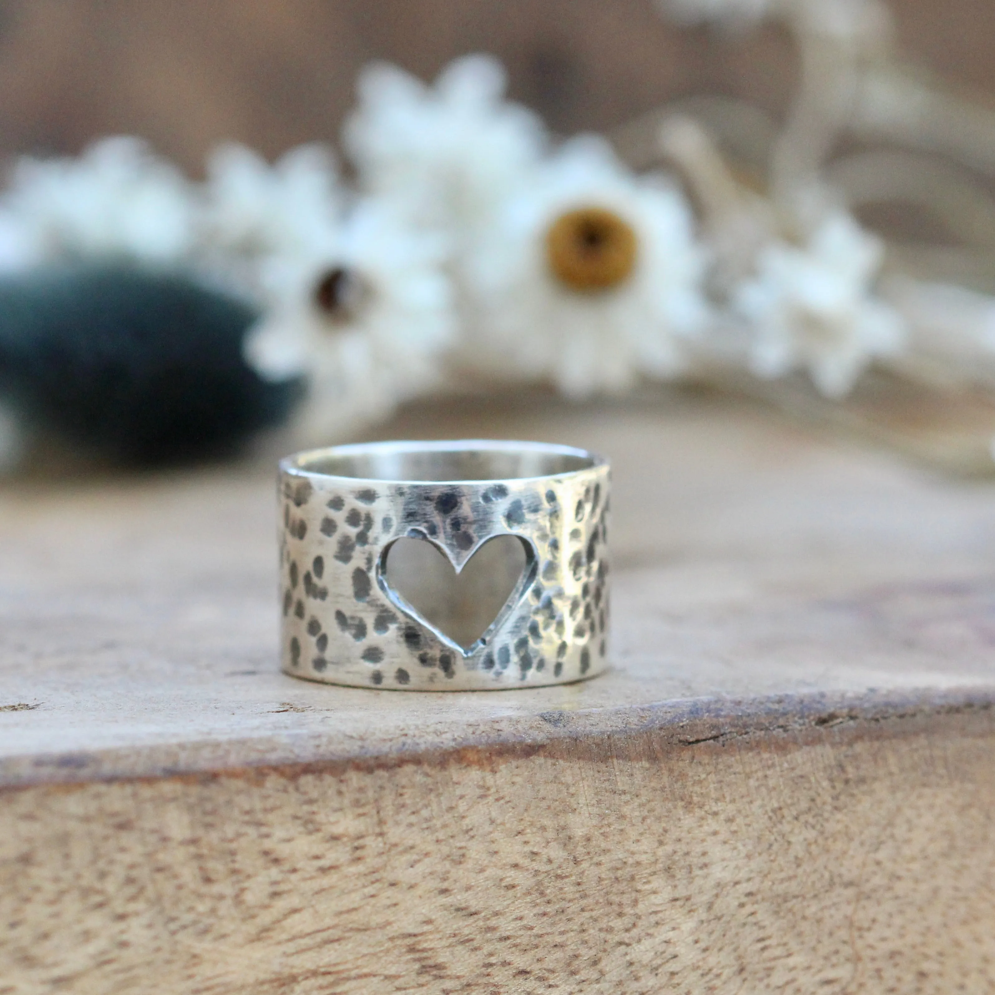 Heart Cut out sterling silver wide band ring