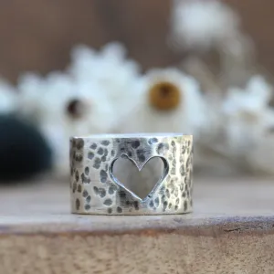 Heart Cut out sterling silver wide band ring