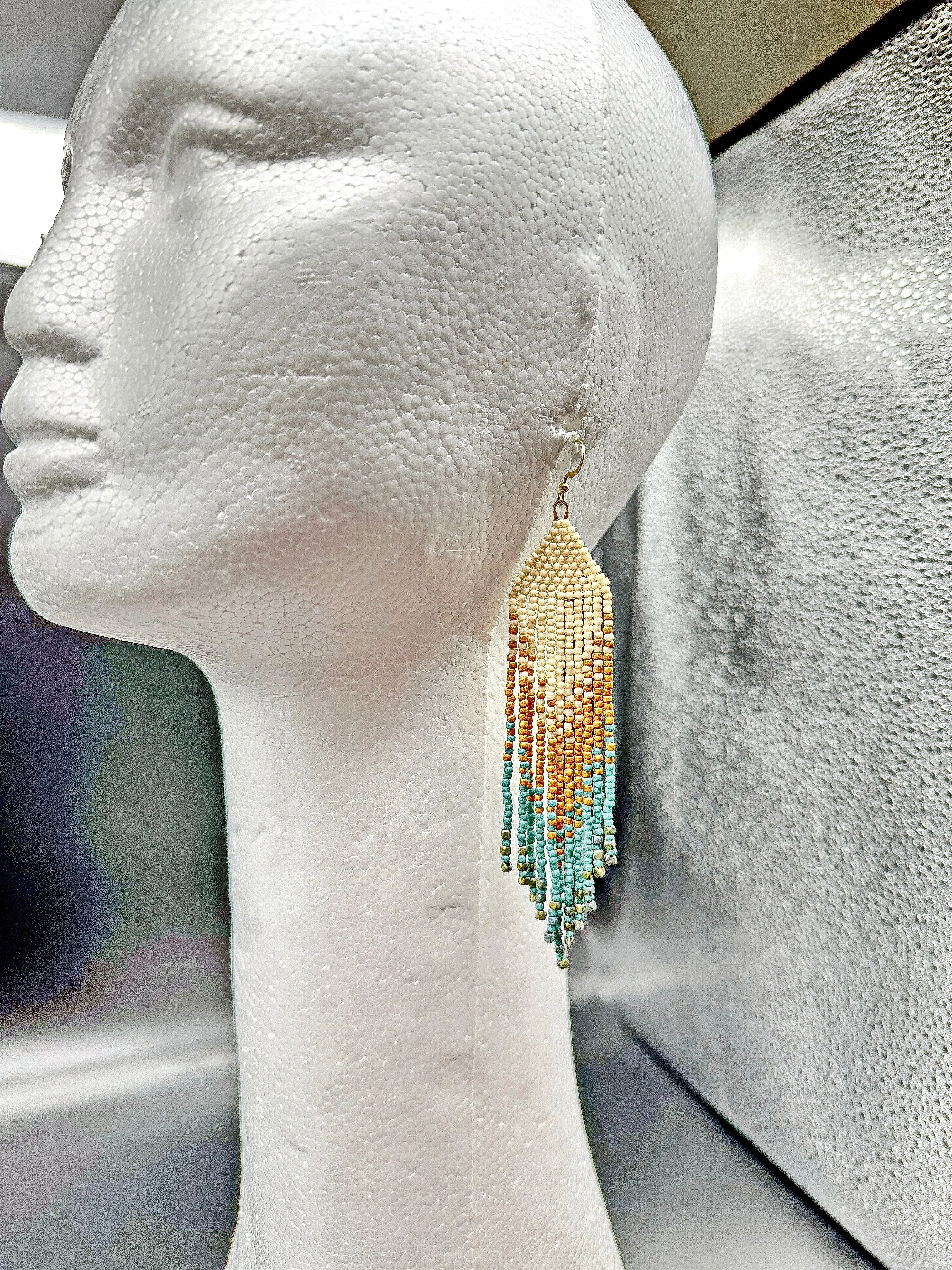 Indigenous Handcrafted Beaded Earrings - 'Feather' - Cream