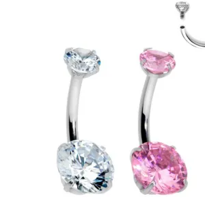 Internally Threaded 4 Prong Set Double CZ Belly Ring