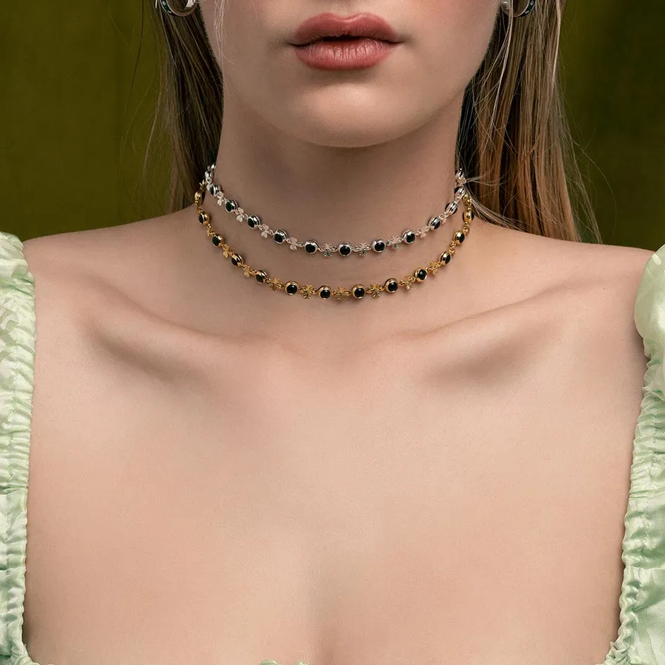 LISBET. Cross & Black Glass  Choker - Gold