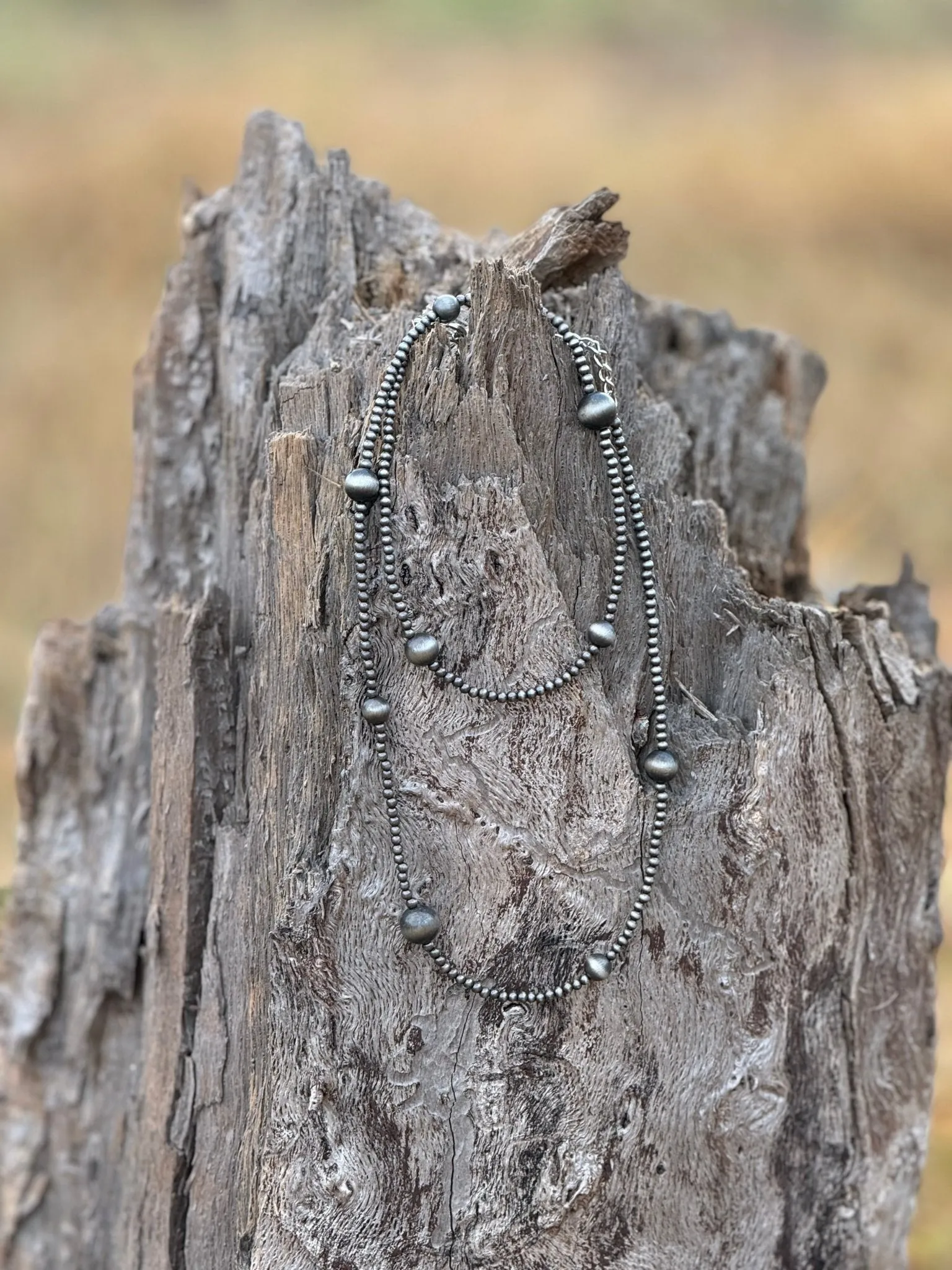 Long Silver Beaded Necklace