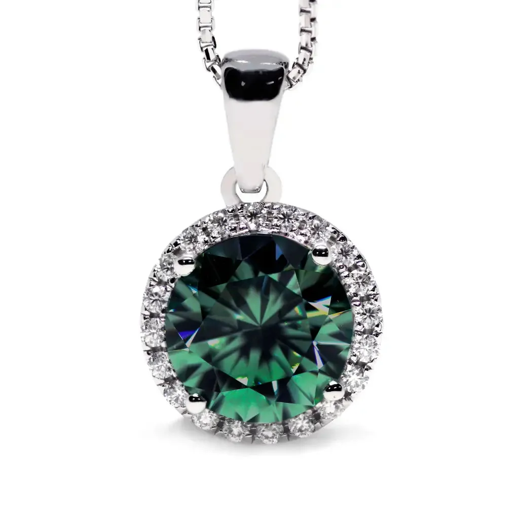 Lucca Round Forest Green Moissanite with Halo Pendant in 18K gold