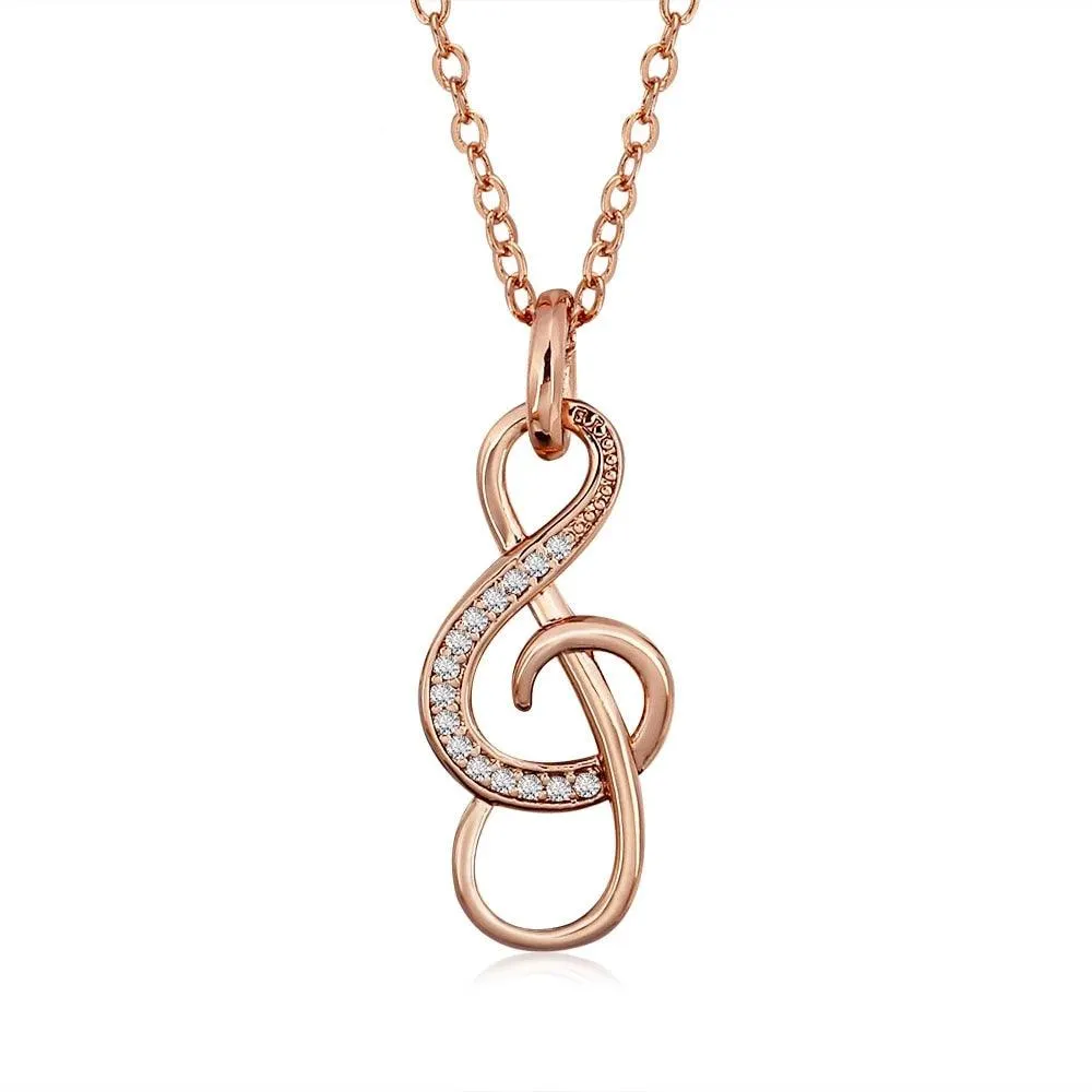 Music Note Cubic Zirconia Pendant Necklace, Copper, Rose Gold Color Jewelry For Women