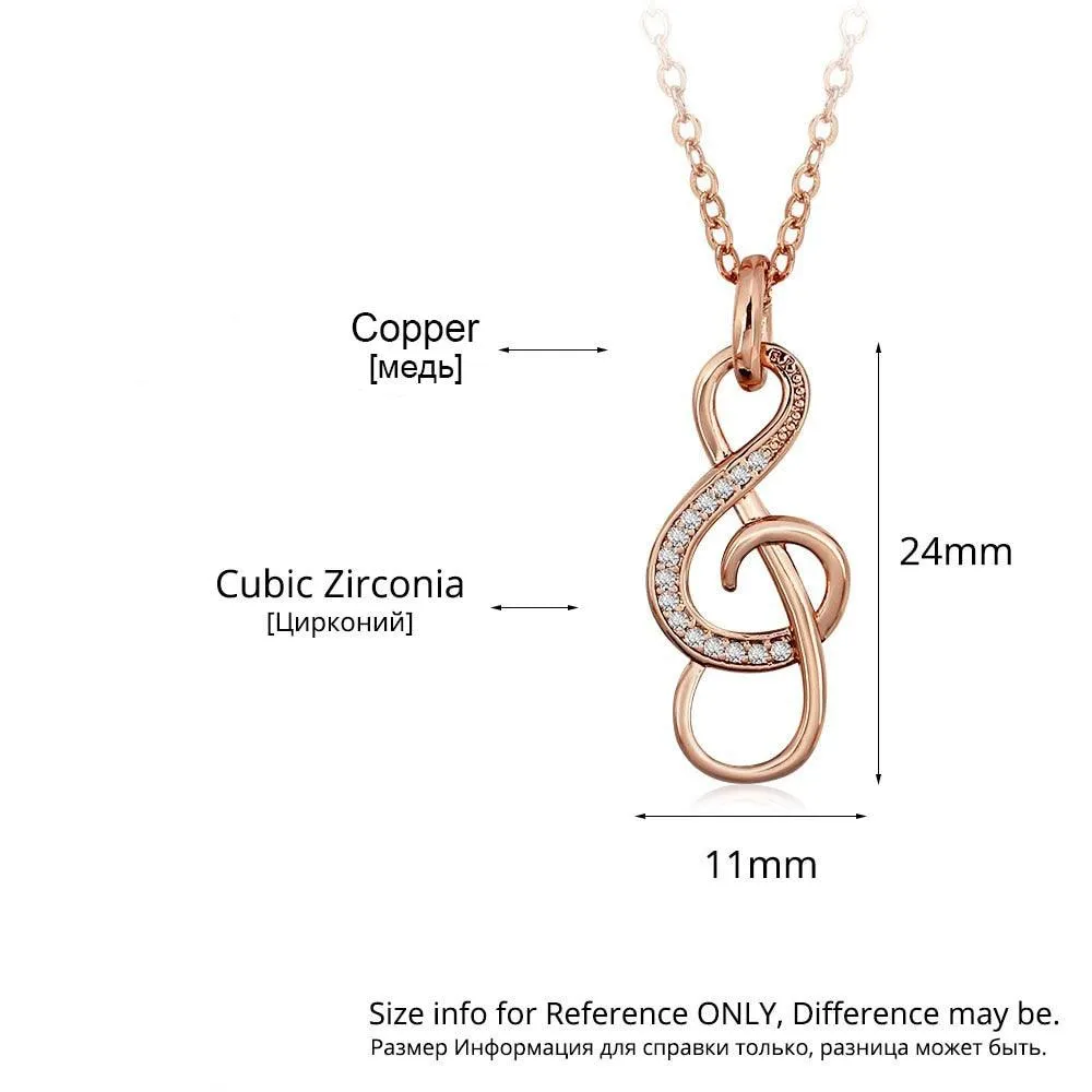 Music Note Cubic Zirconia Pendant Necklace, Copper, Rose Gold Color Jewelry For Women