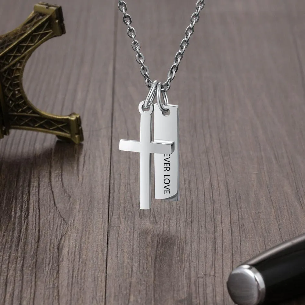 Personalized Stainless Steel Customized Cross And Name Engraved Vertical Bar Pendant Necklace, Trendy Jewelry Gift