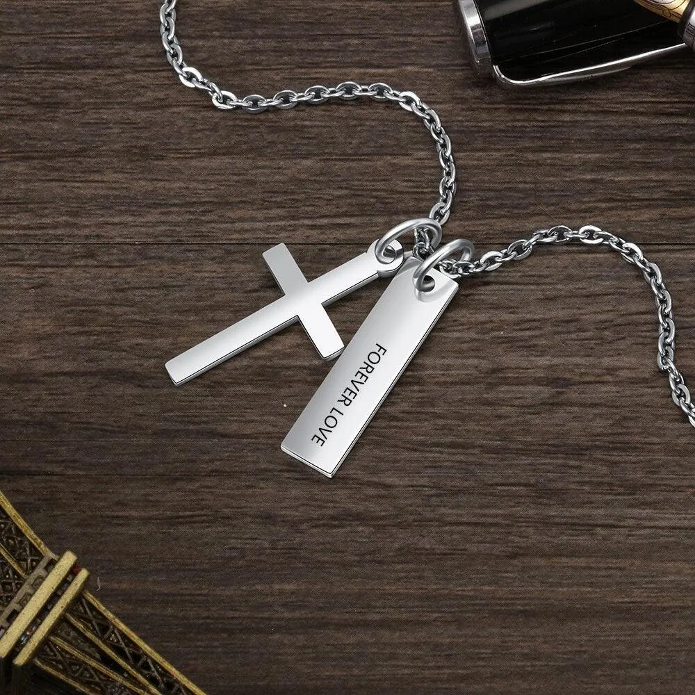 Personalized Stainless Steel Customized Cross And Name Engraved Vertical Bar Pendant Necklace, Trendy Jewelry Gift