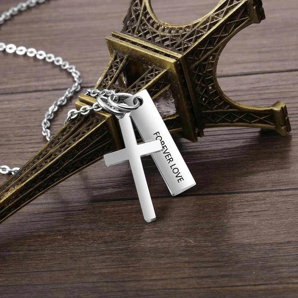 Personalized Stainless Steel Customized Cross And Name Engraved Vertical Bar Pendant Necklace, Trendy Jewelry Gift