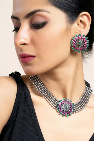 Pink Green Oxidized Silver Designer Choker Necklace Set with Stud Earrings for Stylish Women