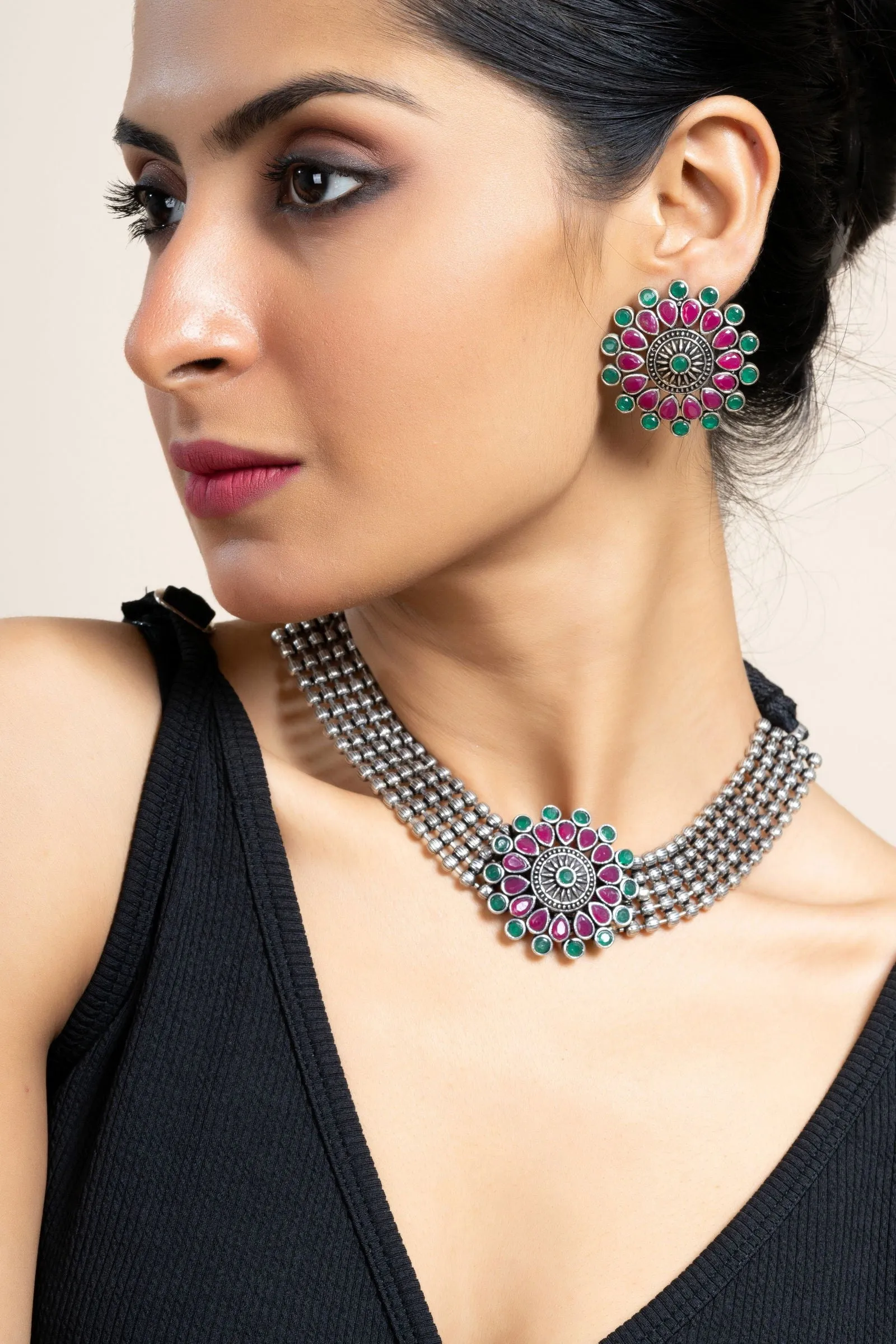 Pink Green Oxidized Silver Designer Choker Necklace Set with Stud Earrings for Stylish Women