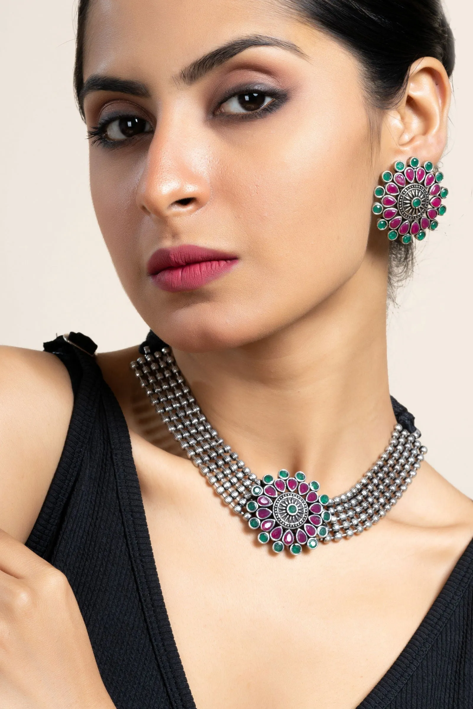 Pink Green Oxidized Silver Designer Choker Necklace Set with Stud Earrings for Stylish Women