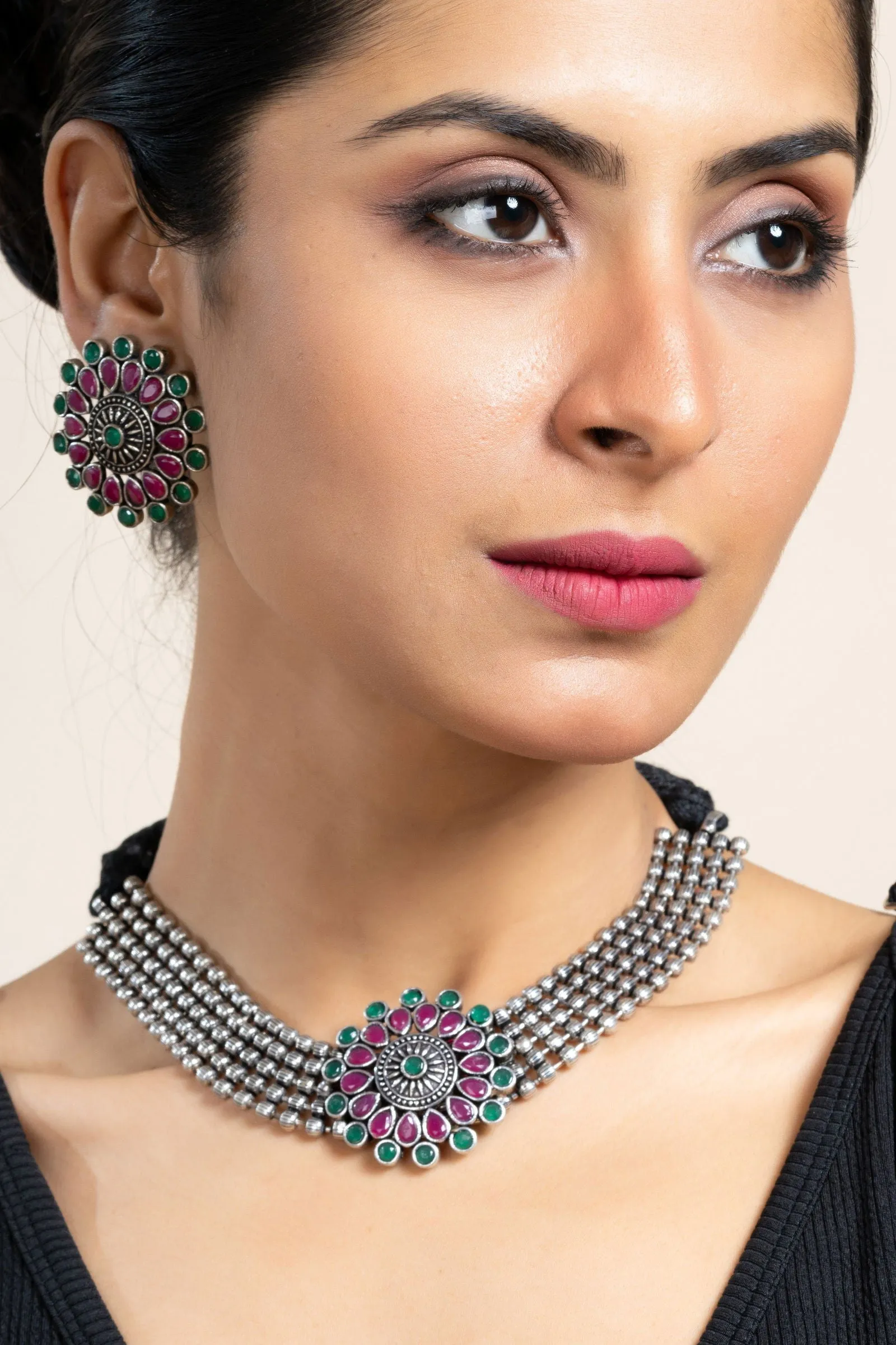 Pink Green Oxidized Silver Designer Choker Necklace Set with Stud Earrings for Stylish Women