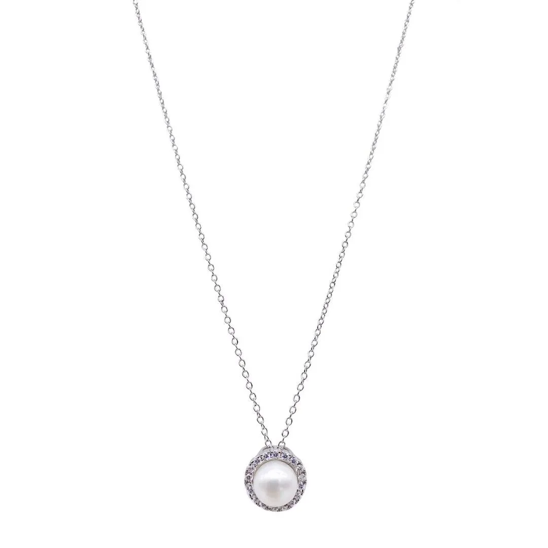 Rhodium Plated Freshwater Pearl Halo Necklace