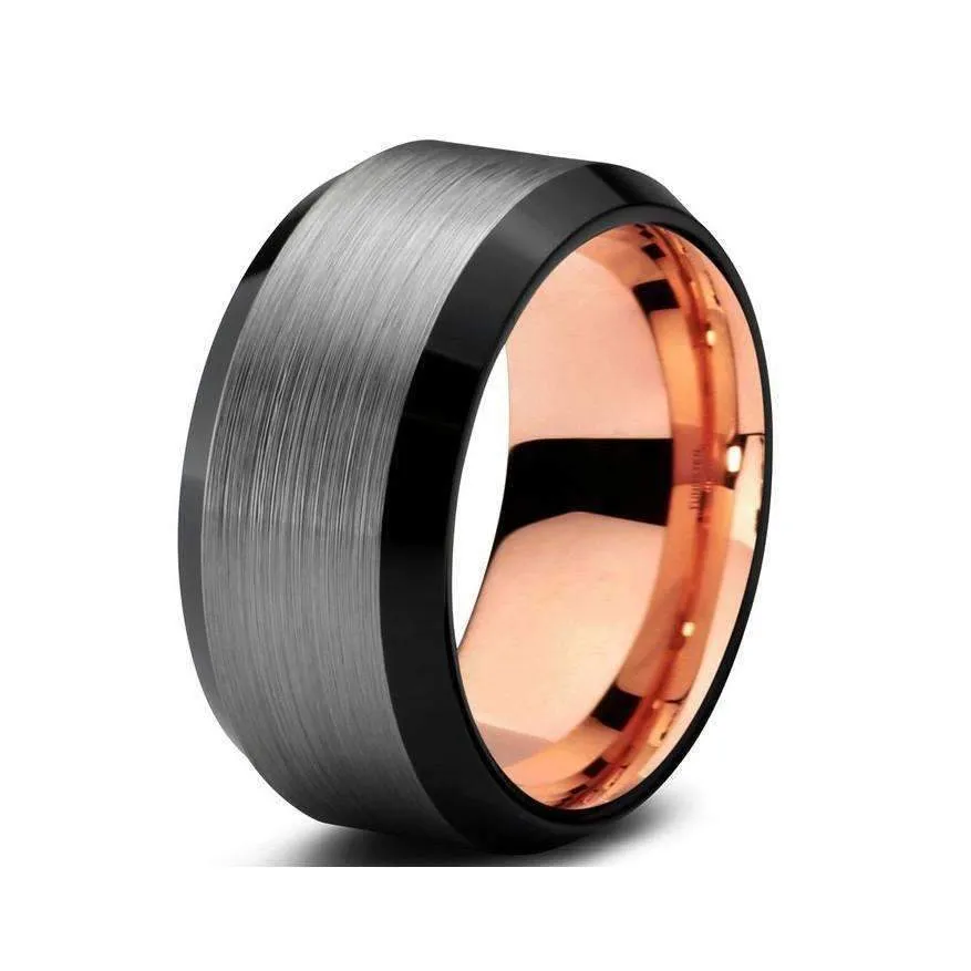 Rose Gold Inlay Brushed Tungsten Wide Band Ring