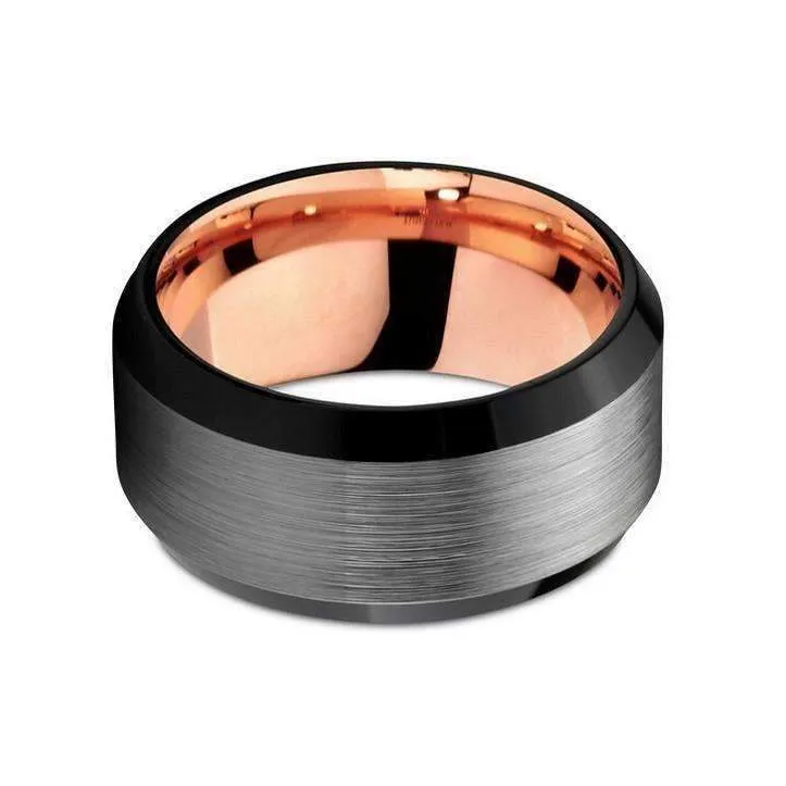 Rose Gold Inlay Brushed Tungsten Wide Band Ring