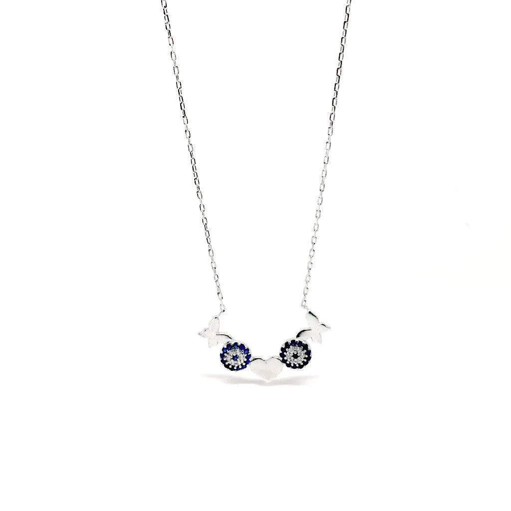 Sterling Silver Heart, Butterfly & Round Design Pendant Necklace - symbol of love and abundance