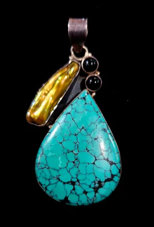 Stirling Silver Turquoise Biwa Pearl And Onyx Pendant