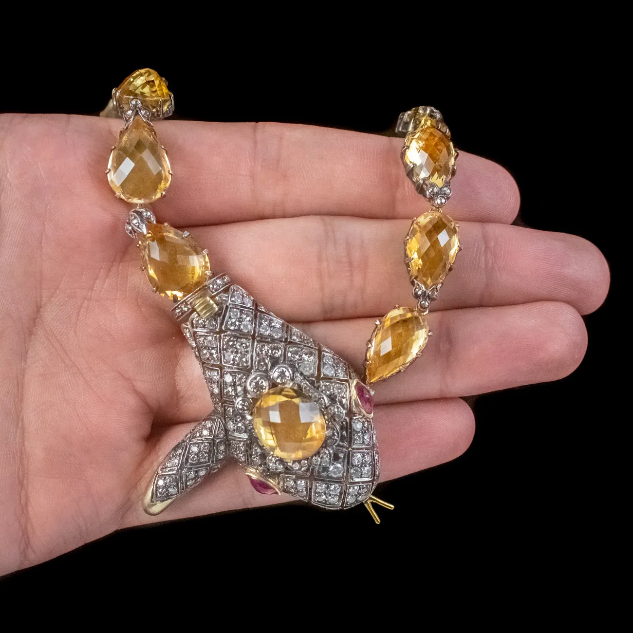 Victorian Style Citrine Diamond Riviere Snake Necklace With Cert