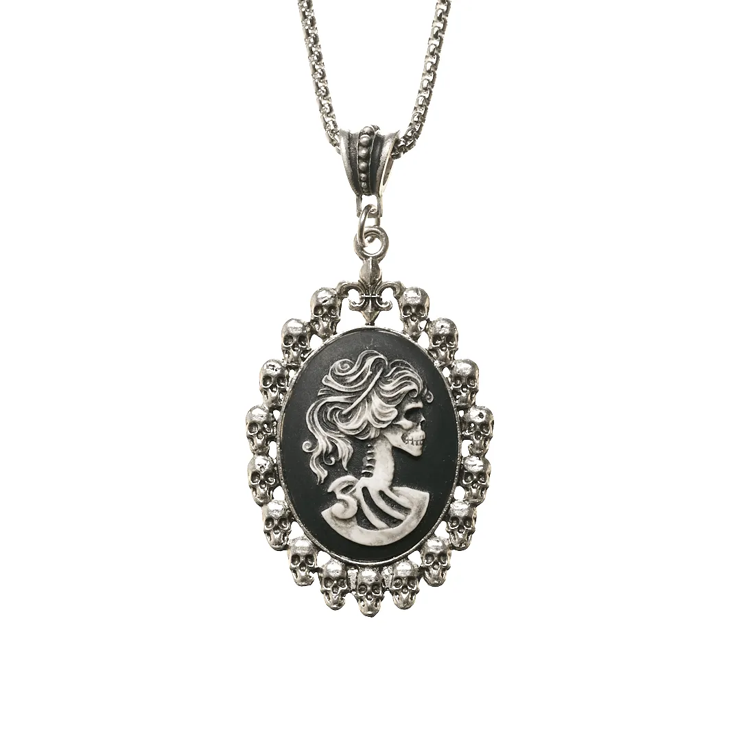 White Zombie Head Cameo in Skull Frame Pendant