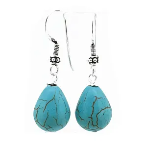 Women's Blue Turquoise Gemstone Dangle Drop Earrings with 925 Silver Hooks