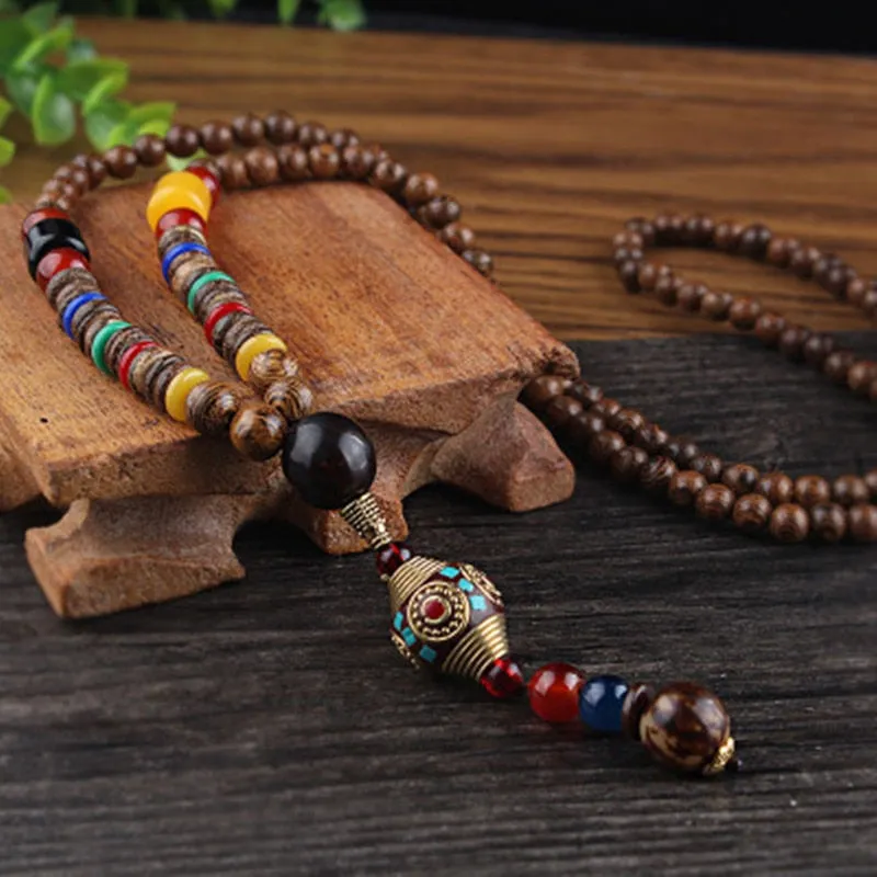 Wooden Mala Beads Necklace Colorful Beaded Mala Necklace Wooden Beads